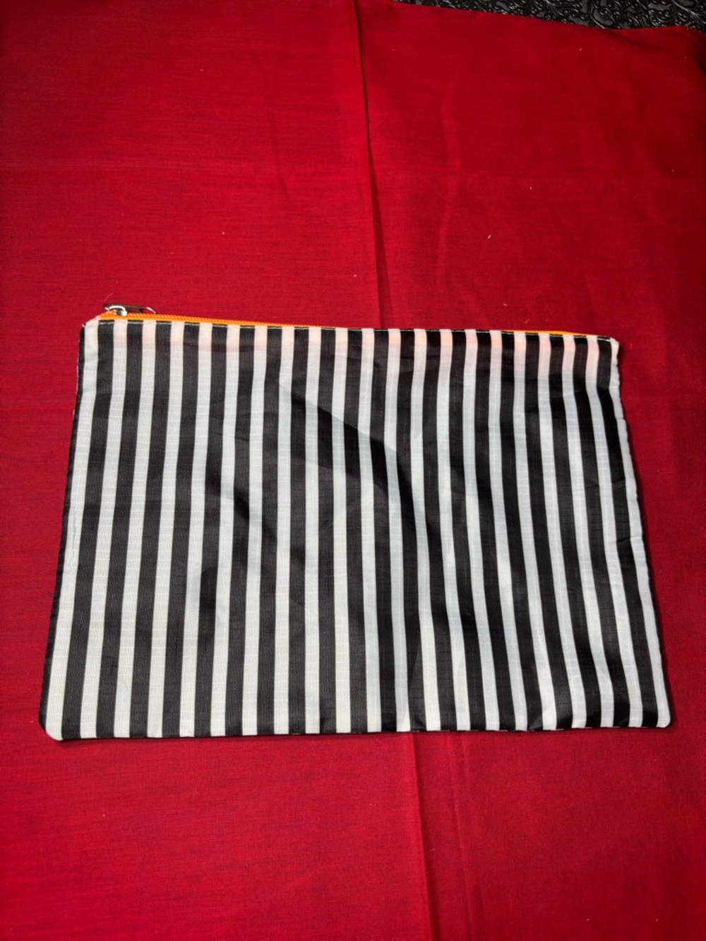 Black and White Striped Zipper Pouch with Trim